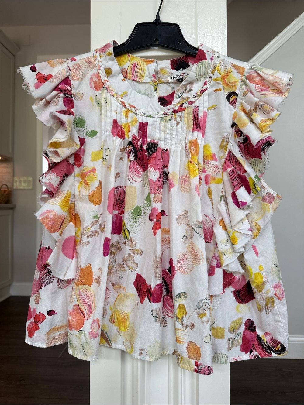 Fairhope Floral Ruffle Sleeve Blouse in White with Pink & Yellow 100% Cotton XL - Picture 3 of 7